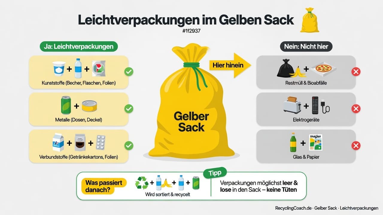 Infografik: Gelber Sack — Leichtverpackungen richtig entsorgen