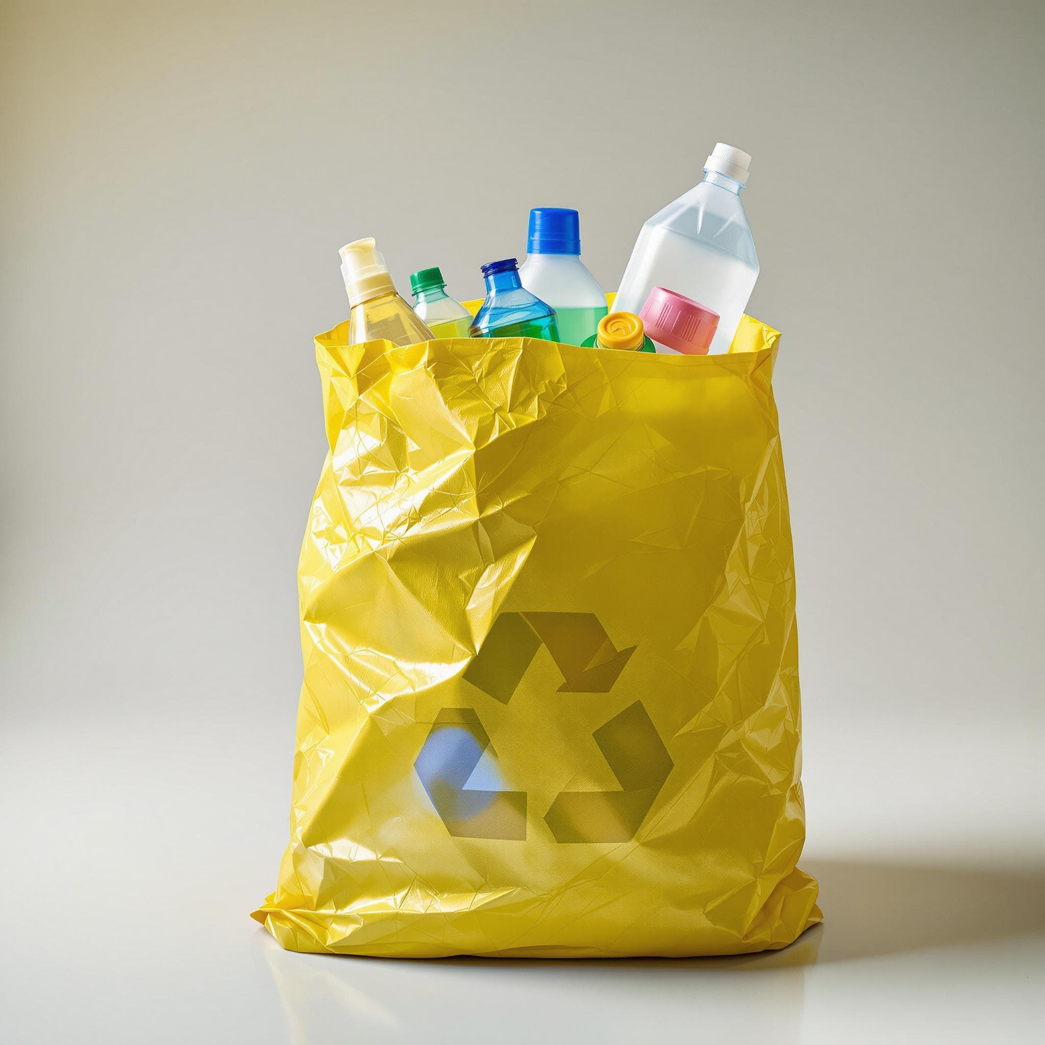 Verschiedene saubere Kunststoffverpackungen in einem gelben Sack, bereit für die Abholung