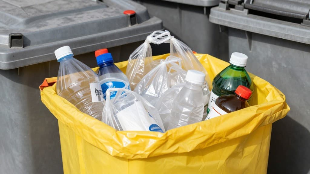 Verschiedene saubere Kunststoffverpackungen in einem gelben Sack, bereit für die Abholung