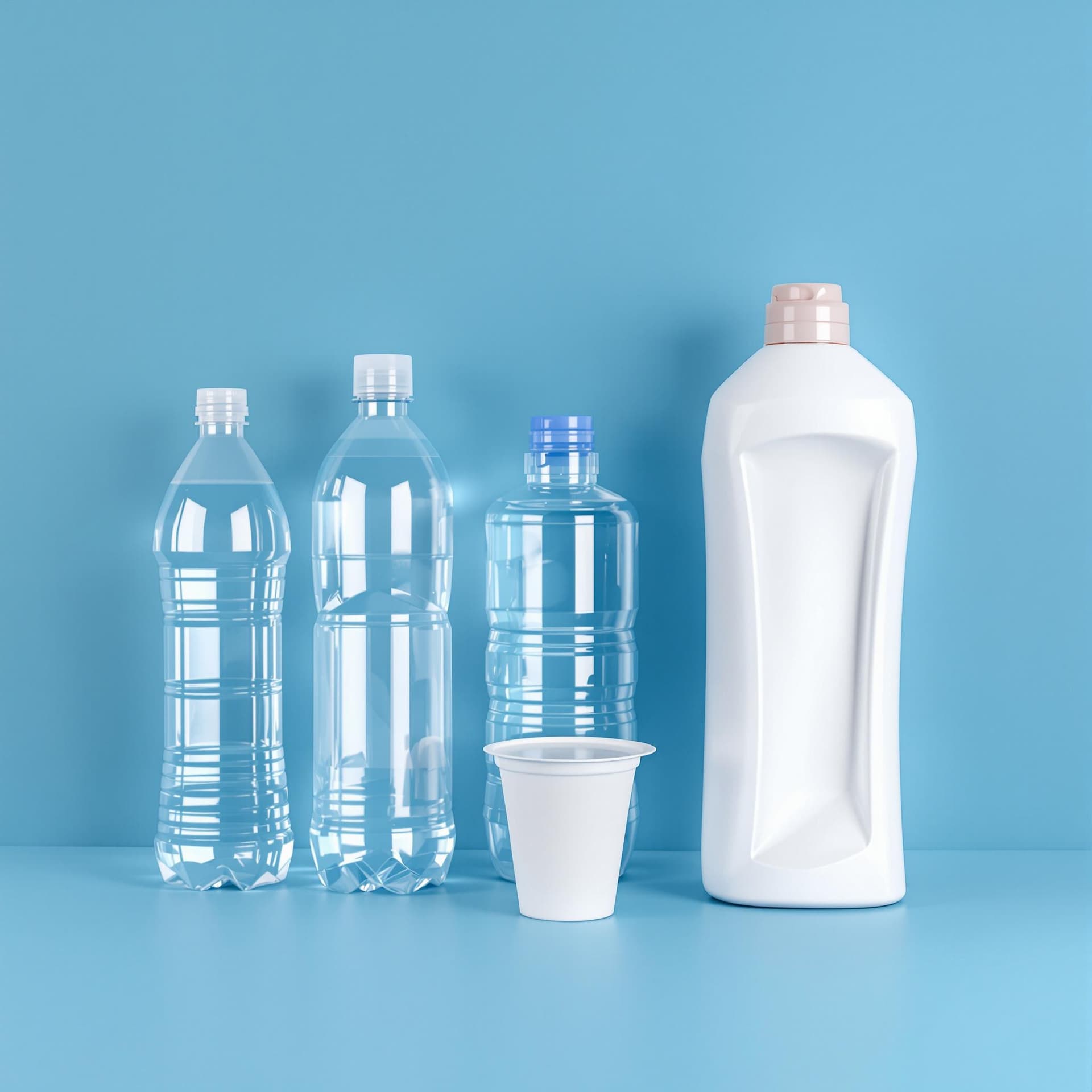 Verschiedene saubere Kunststoffverpackungen wie Joghurtbecher, Flaschen und Folien, bereit für den Gelben Sack.