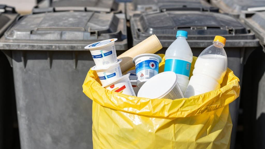 Verschiedene saubere Kunststoffverpackungen wie Joghurtbecher, Flaschen und Folien, bereit für den Gelben Sack.