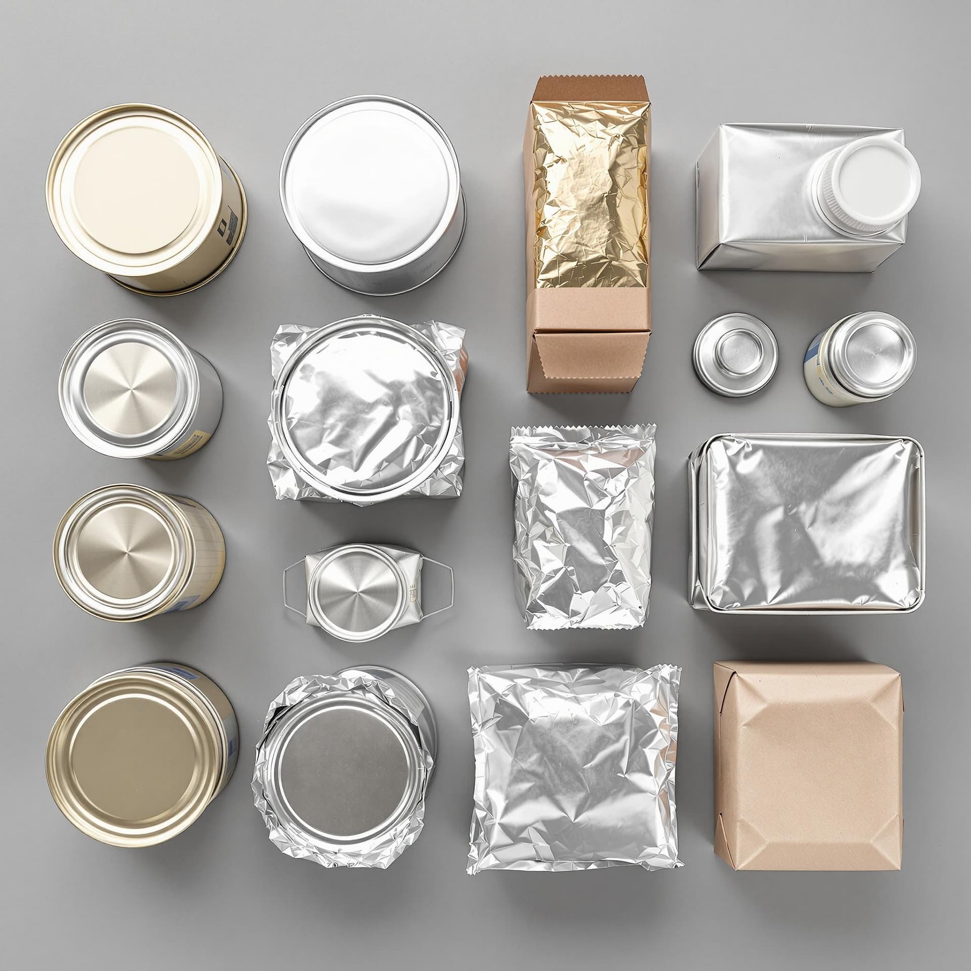 Beispiele für Metall- und Verbundverpackungen: Konservendosen, Alufolie, Getränkekarton.