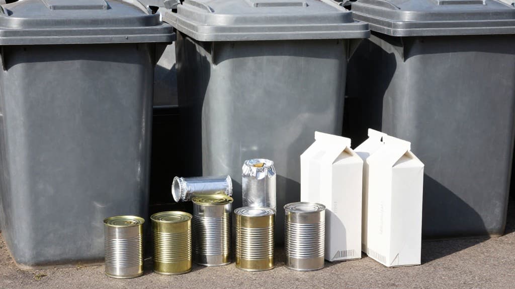 Beispiele für Metall- und Verbundverpackungen: Konservendosen, Alufolie, Getränkekarton.