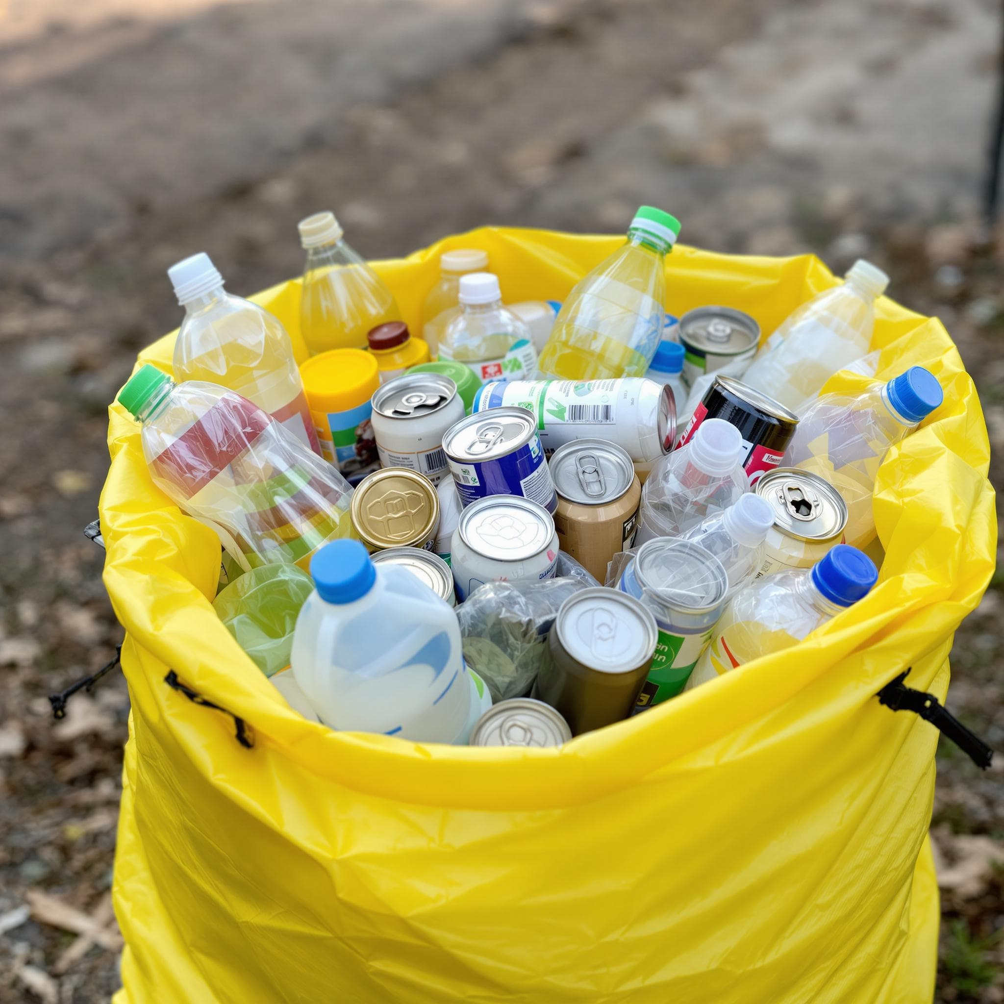 Ein gefüllter, transparenter Gelber Sack neben einer gelben Wertstofftonne, beide bereit zur Abholung in einer deutschen Wohngegend