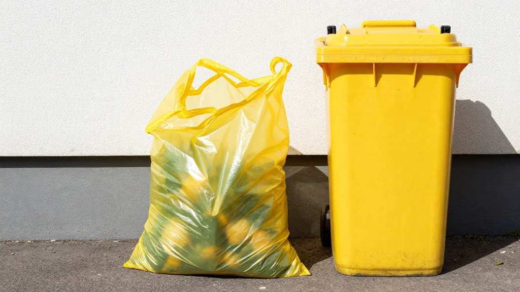 Ein gefüllter, transparenter Gelber Sack neben einer gelben Wertstofftonne, beide bereit zur Abholung in einer deutschen Wohngegend