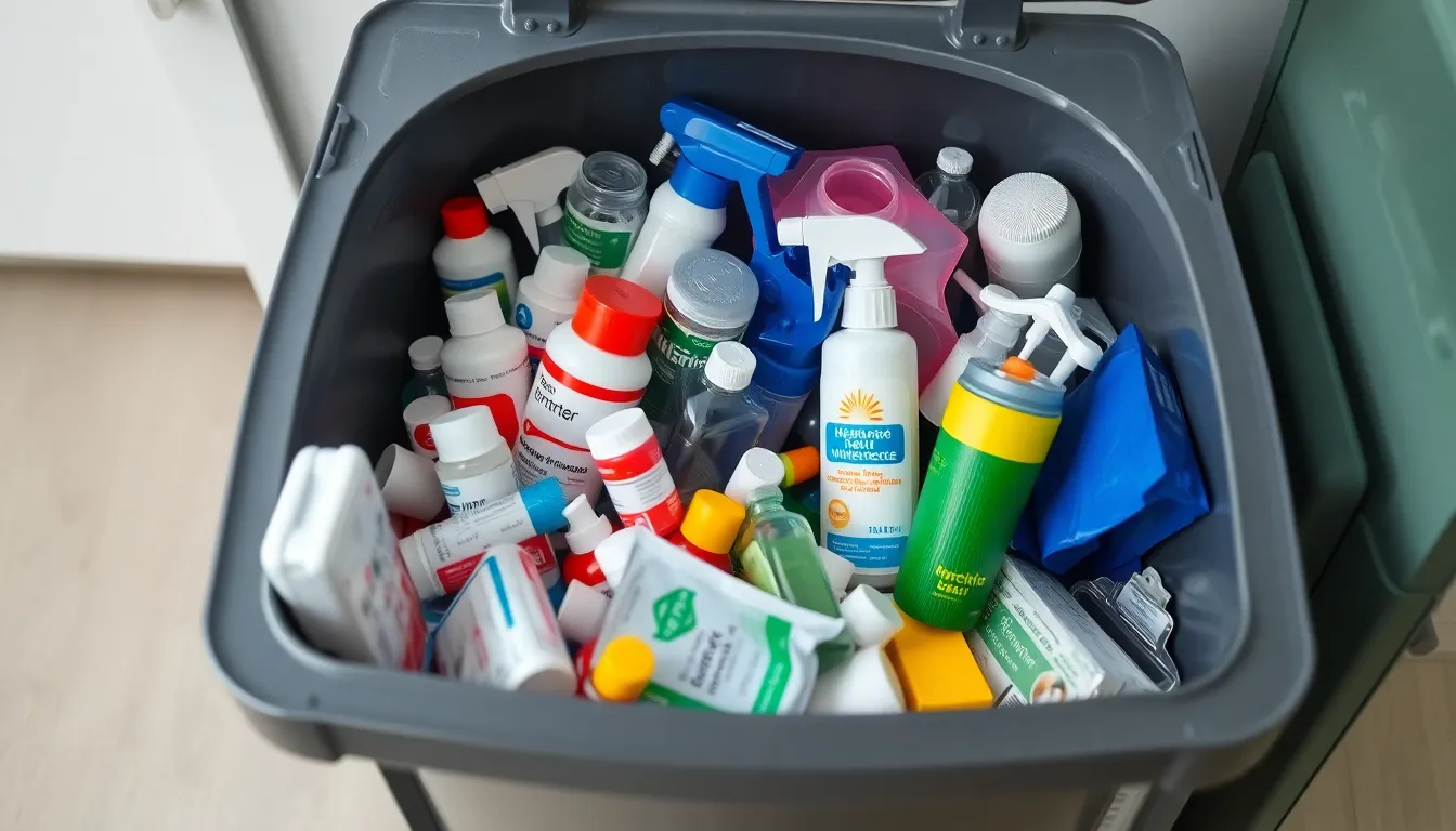 Verschiedene medizinische Abfälle und Hygieneartikel sortiert nach Art - Medikamente, Spritzen, Windeln in einem Entsorgungsbehälter