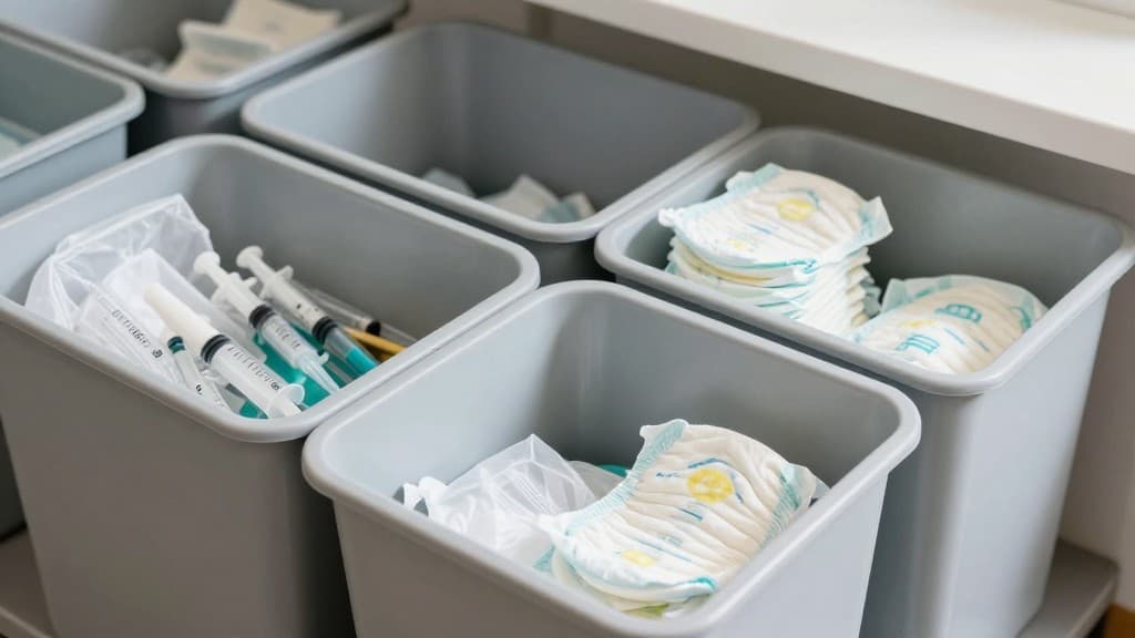 Verschiedene medizinische Abfälle und Hygieneartikel sortiert nach Art - Medikamente, Spritzen, Windeln in einem Entsorgungsbehälter