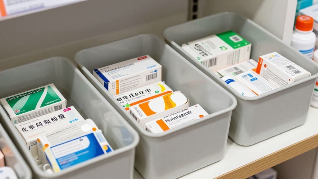 Verschiedene abgelaufene Medikamente und Verpackungen in einer Apotheke zur Rücknahme bereit