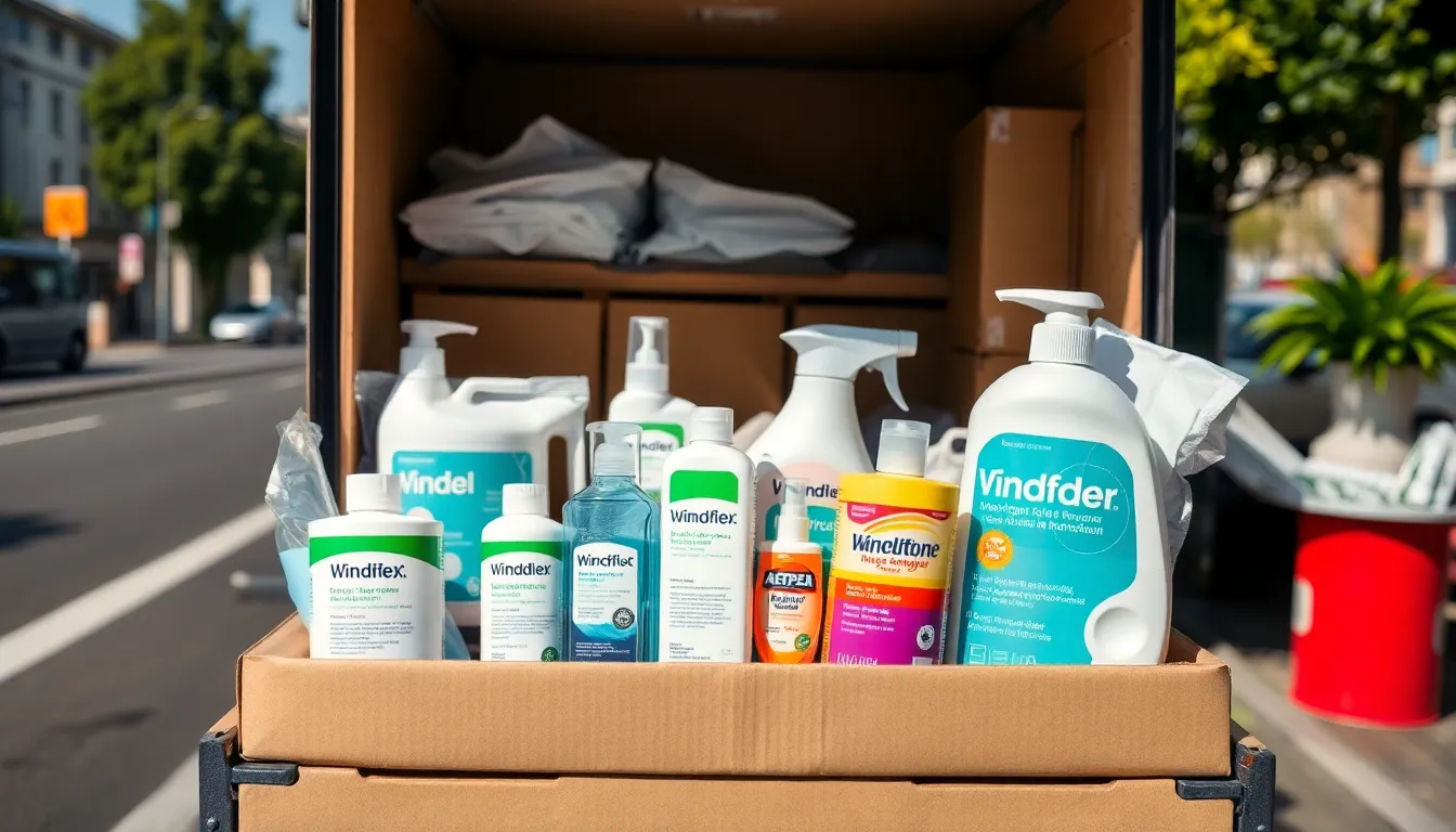 Windeltonne mit verschiedenen Windeln und Inkontinenzprodukten zur Abholung bereitgestellt