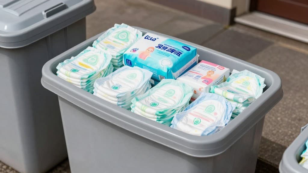 Windeltonne mit verschiedenen Windeln und Inkontinenzprodukten zur Abholung bereitgestellt