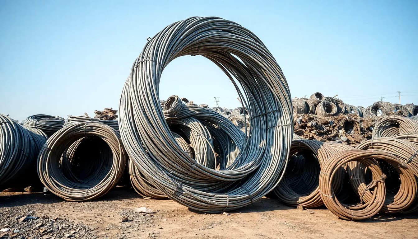 Aufgerollte Kupferkabel und Kupferrohre in einem Recyclinghof