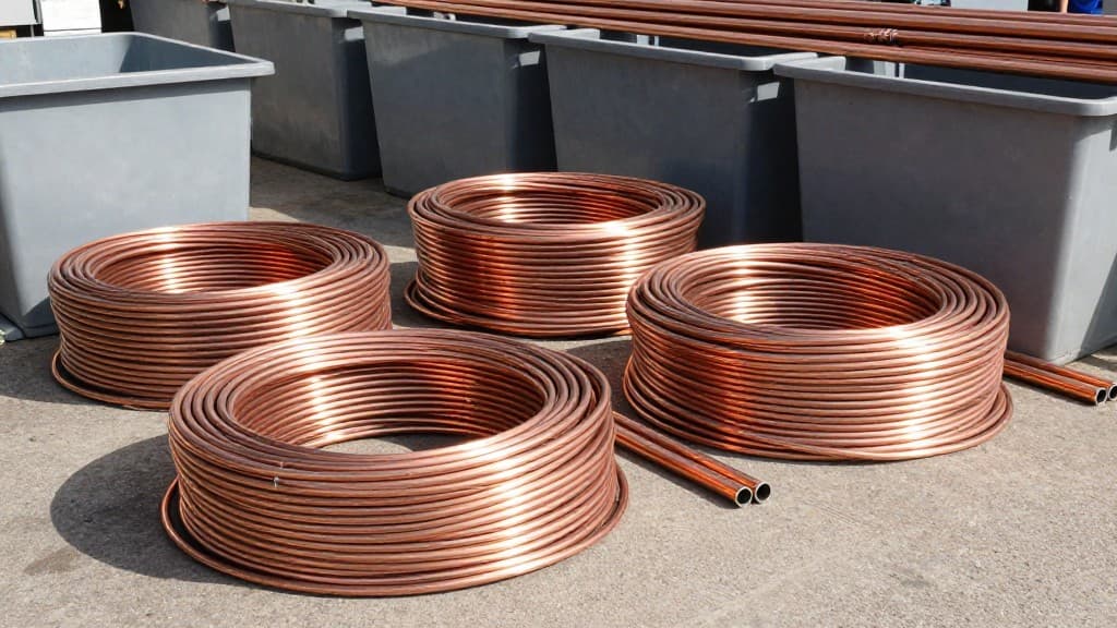 Aufgerollte Kupferkabel und Kupferrohre in einem Recyclinghof