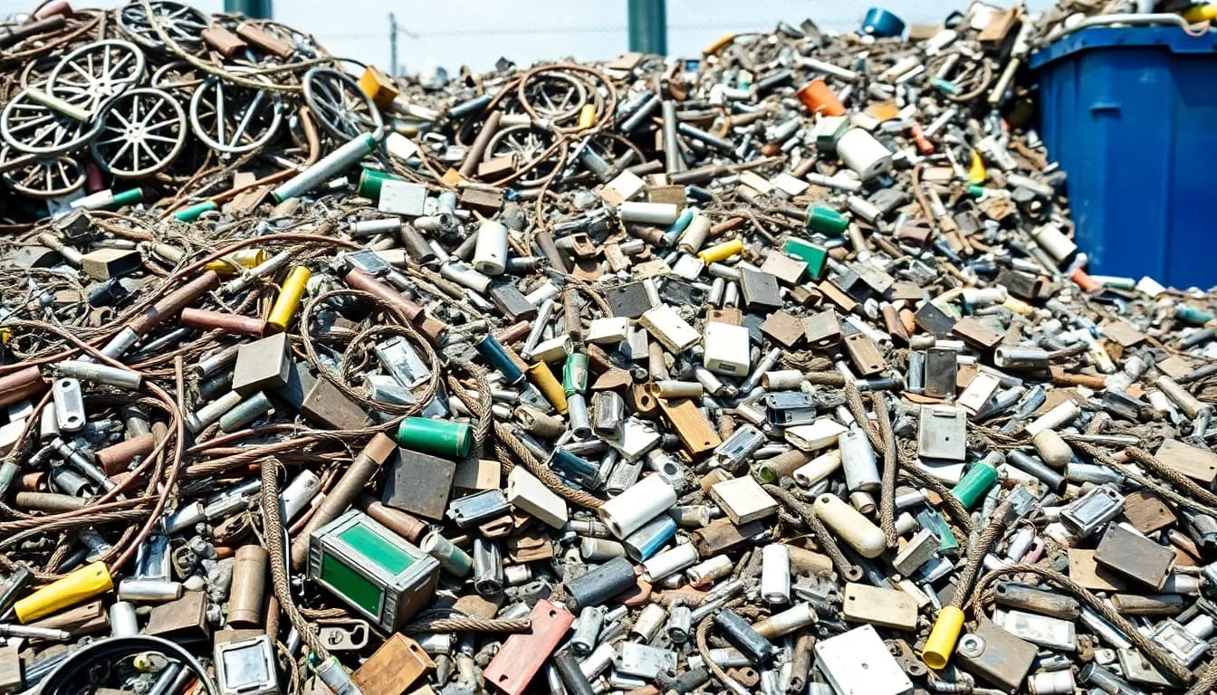 Verschiedene Metalle und Schrott sortiert nach Art - Kupfer, Aluminium, Eisen und Stahl in einem Recyclinghof