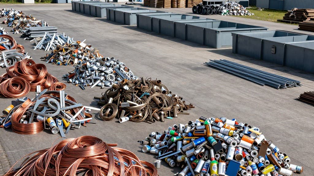 Verschiedene Metalle und Schrott sortiert nach Art - Kupfer, Aluminium, Eisen und Stahl in einem Recyclinghof