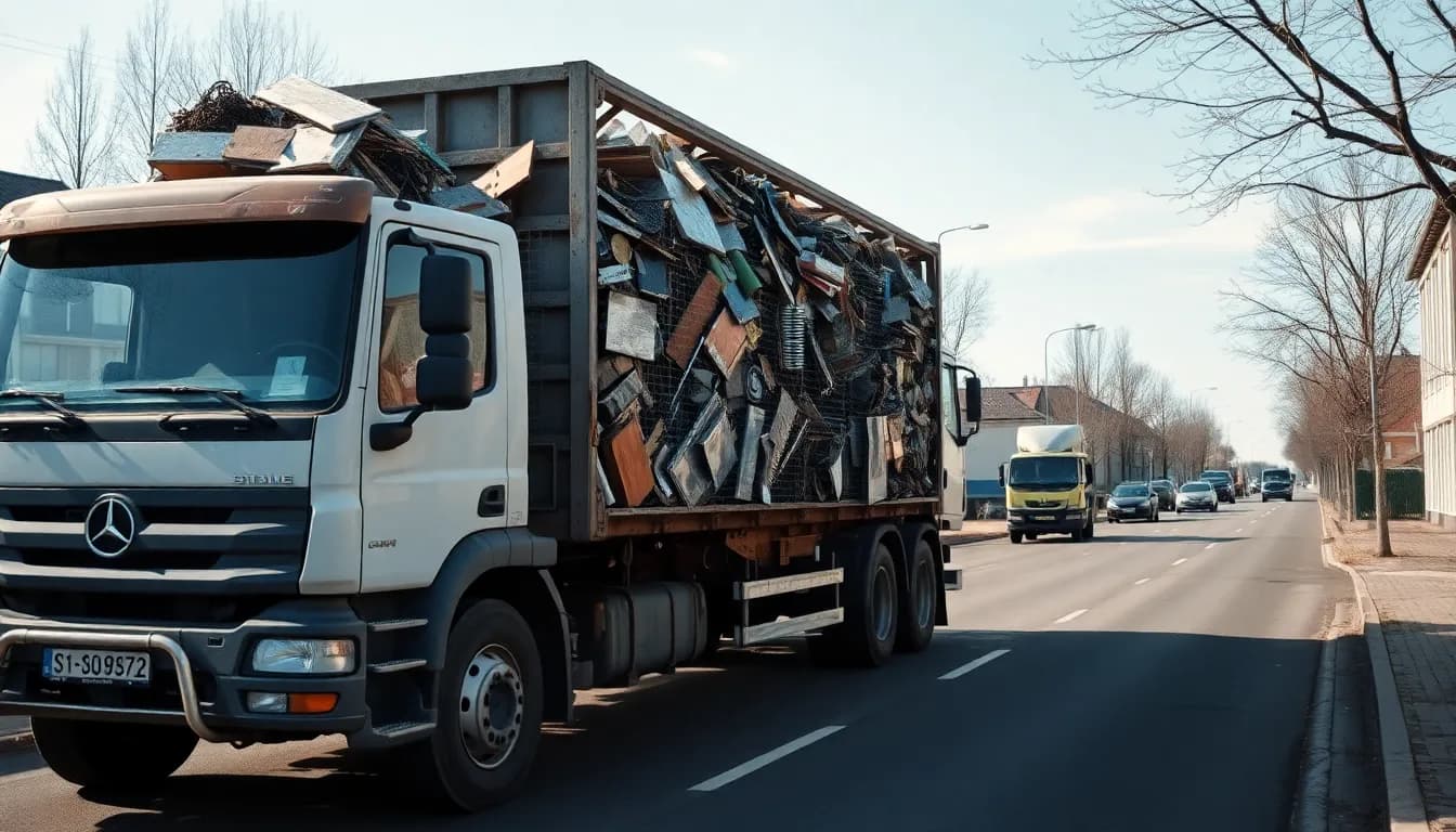 LKW eines Schrotthändlers lädt Metallschrott von einem Privathaushalt