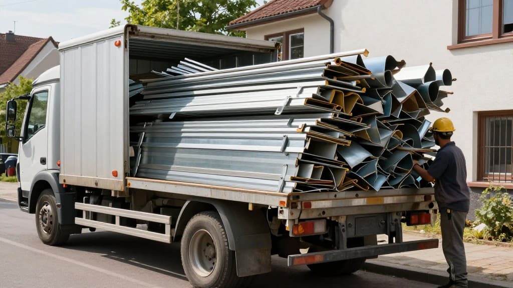 LKW eines Schrotthändlers lädt Metallschrott von einem Privathaushalt