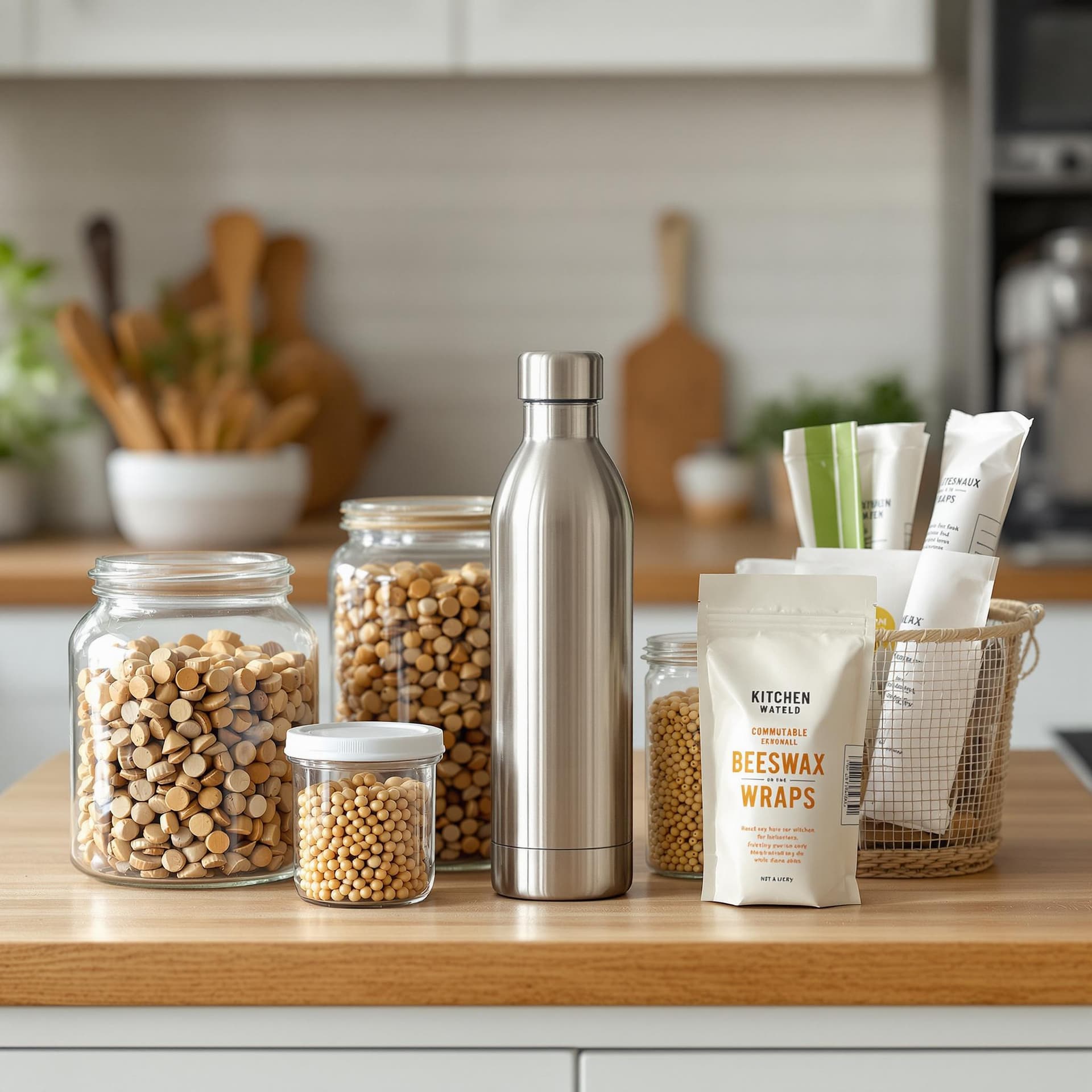 Verschiedene nachhaltige Haushaltsartikel wie Glasbehälter und Bienenwachstücher