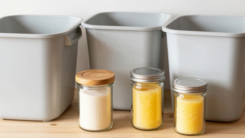 Verschiedene nachhaltige Haushaltsartikel wie Glasbehälter und Bienenwachstücher