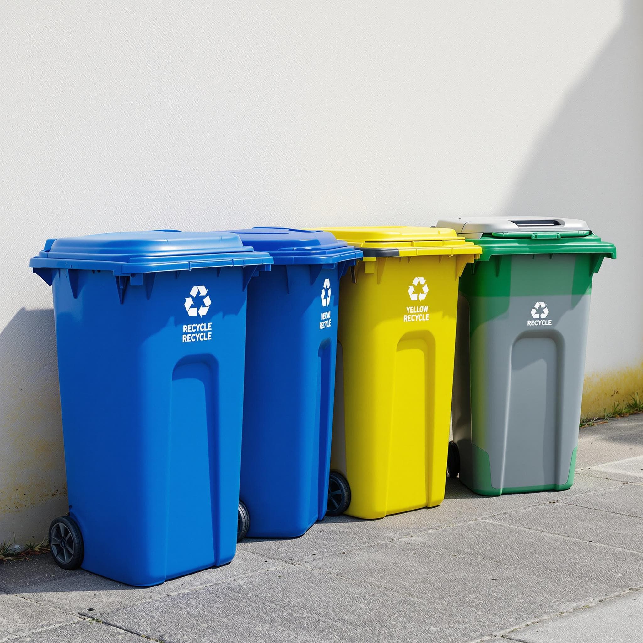 Farblich gekennzeichnete Recycling-Tonnen für verschiedene Abfallarten: Blau für Papier, Gelb für Verpackungen, Braun für Bioabfall und Grau für Restmüll