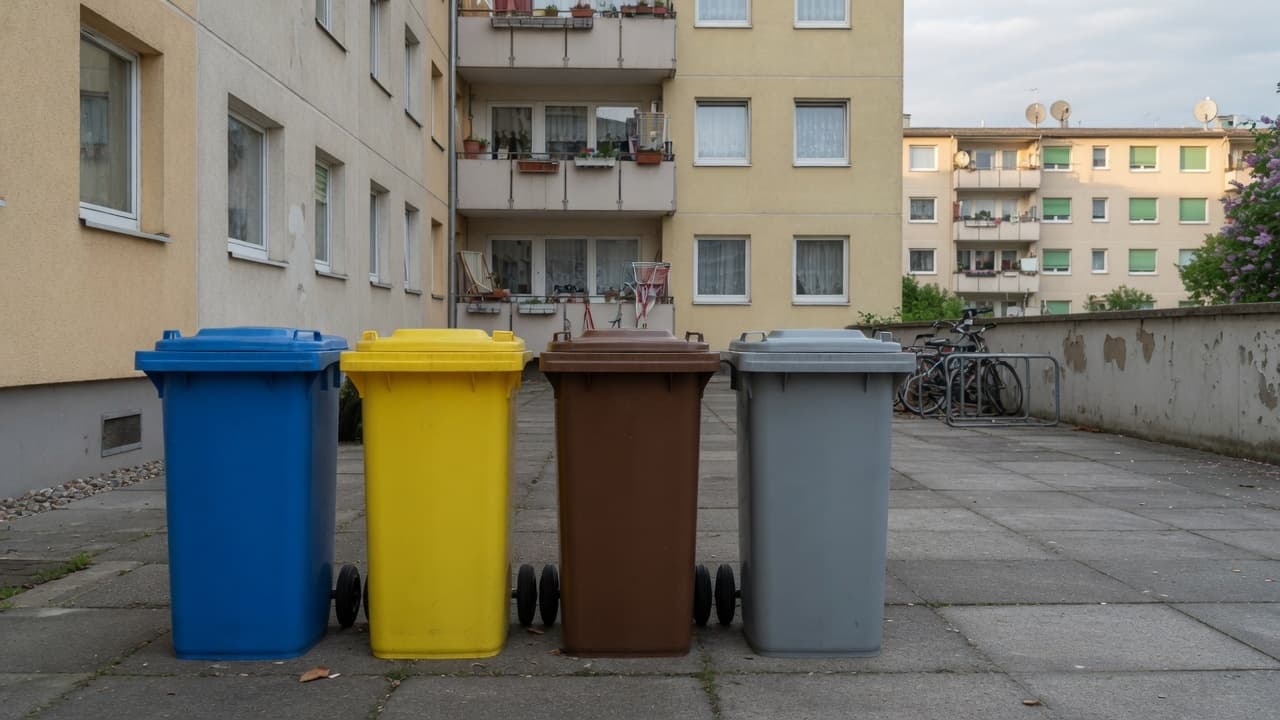 Farbcodierte Mülltonnen für Restmüll, Biomüll, Papier und Leichtverpackungen bereit zur Abholung