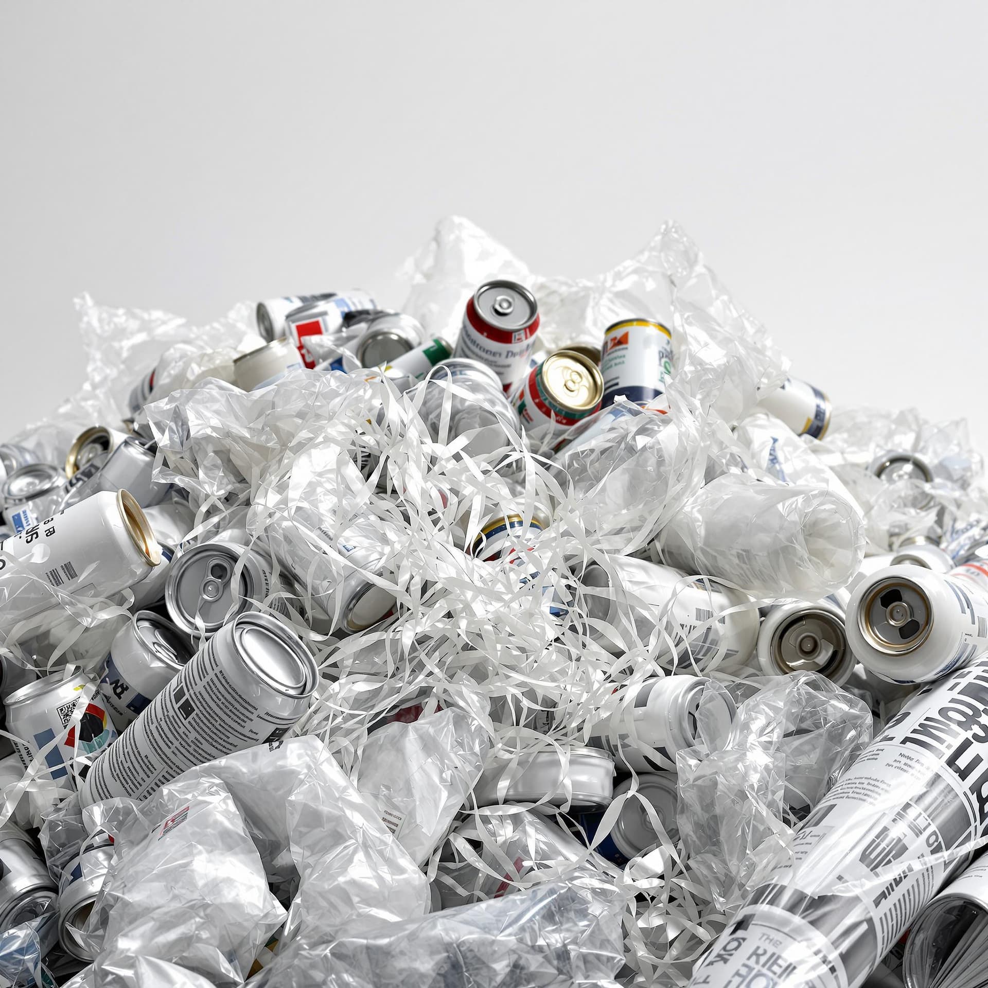 Nahaufnahme von verschiedenen sortierten Recyclingmaterialien wie Glasflaschen, Plastikbehältern und Papierbündeln