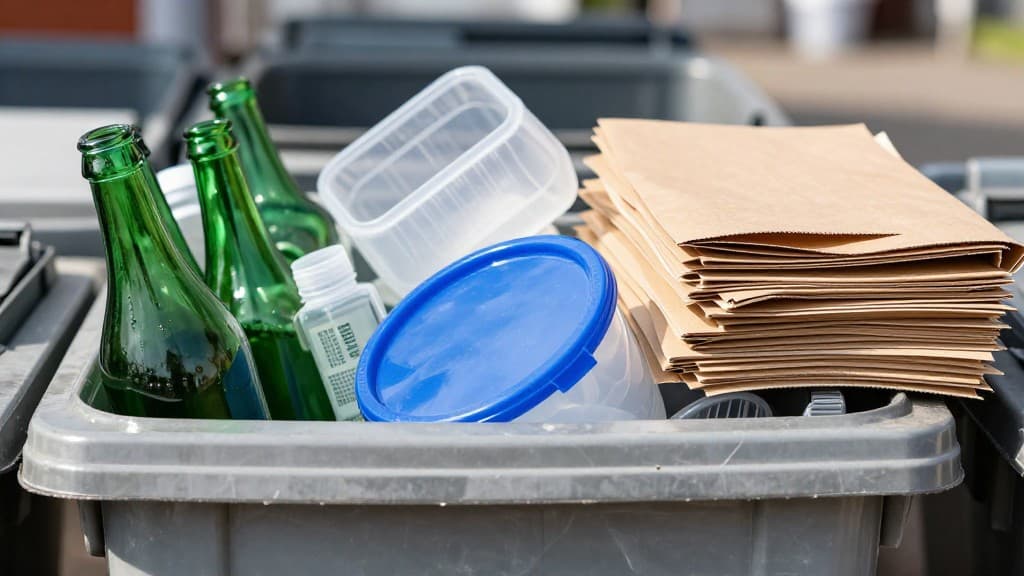 Nahaufnahme von verschiedenen sortierten Recyclingmaterialien wie Glasflaschen, Plastikbehältern und Papierbündeln