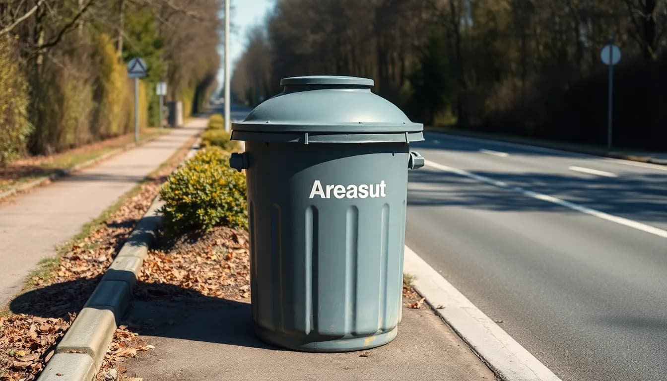 Graue Restmülltonne mit Deckel, zeigt das typische Erscheinungsbild einer deutschen Restmülltonne