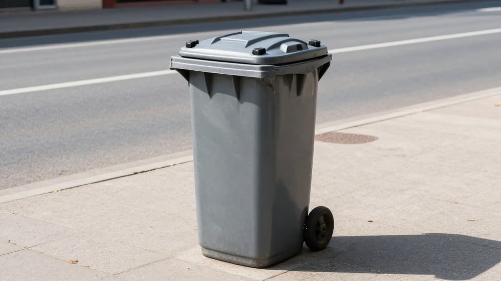 Graue Restmülltonne mit Deckel, zeigt das typische Erscheinungsbild einer deutschen Restmülltonne