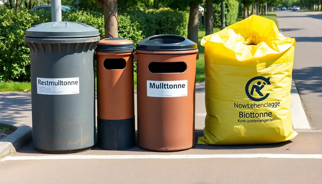 Drei verschiedene Mülltonnen nebeneinander - Restmüll, Biomüll und Gelber Sack - zeigt die richtige Mülltrennung