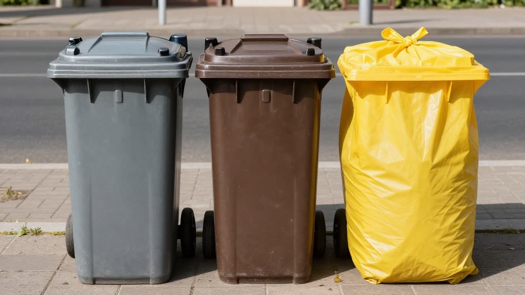 Drei verschiedene Mülltonnen nebeneinander - Restmüll, Biomüll und Gelber Sack - zeigt die richtige Mülltrennung