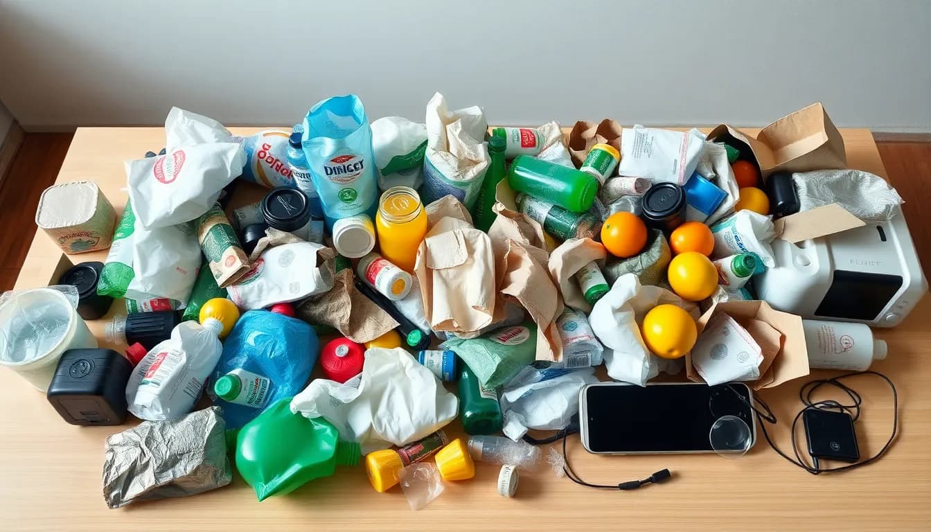 Zeigt verschiedene Abfälle die nicht in die schwarze Tonne gehören: Verpackungen, Papier, Glas, Essensreste