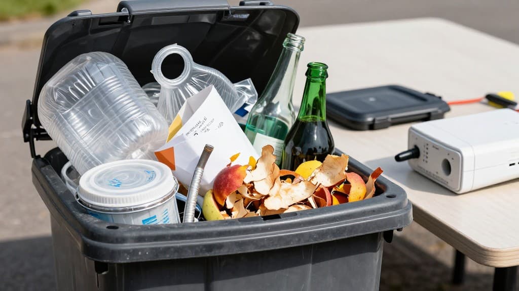 Zeigt verschiedene Abfälle die nicht in die schwarze Tonne gehören: Verpackungen, Papier, Glas, Essensreste