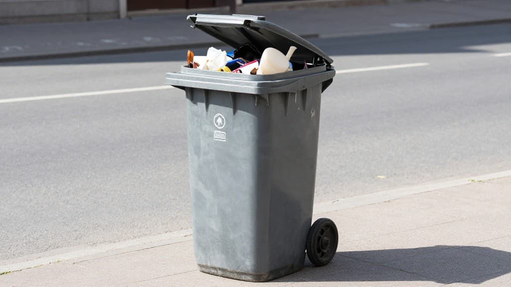 Eine graue Restmülltonne steht an einer deutschen Straße, der Deckel ist leicht geöffnet und zeigt unsortierten Hausmüll