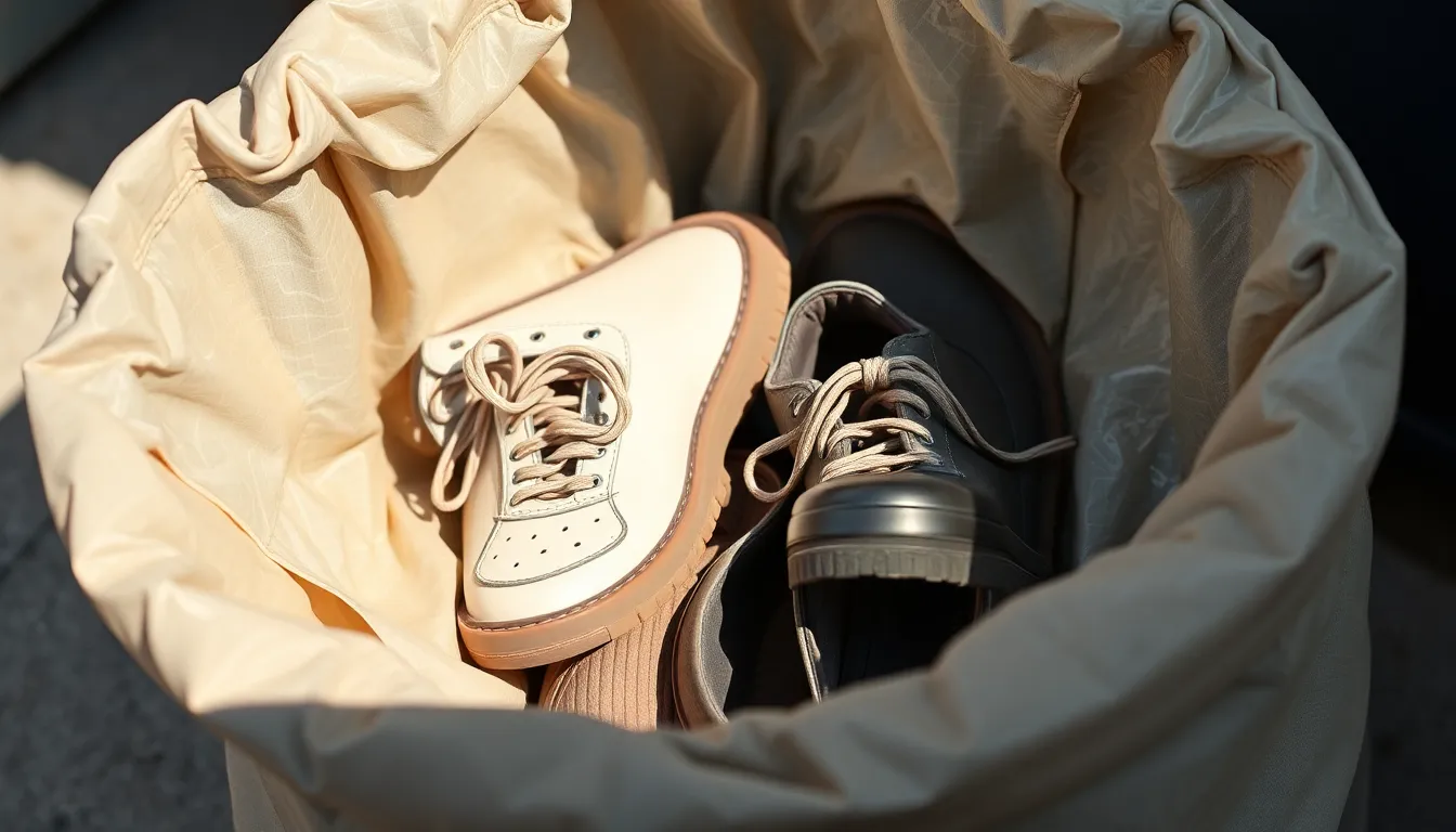 Paarweise gebündelte Schuhe bereit zur Entsorgung in einer Altkleidersammlung