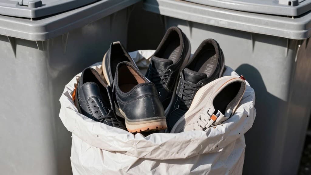 Paarweise gebündelte Schuhe bereit zur Entsorgung in einer Altkleidersammlung