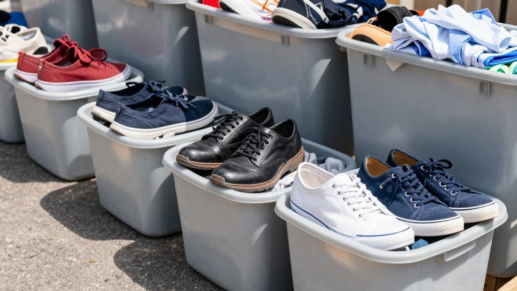 Saubere, tragbare Schuhe in einer Altkleidersammlung bereit zur Spende