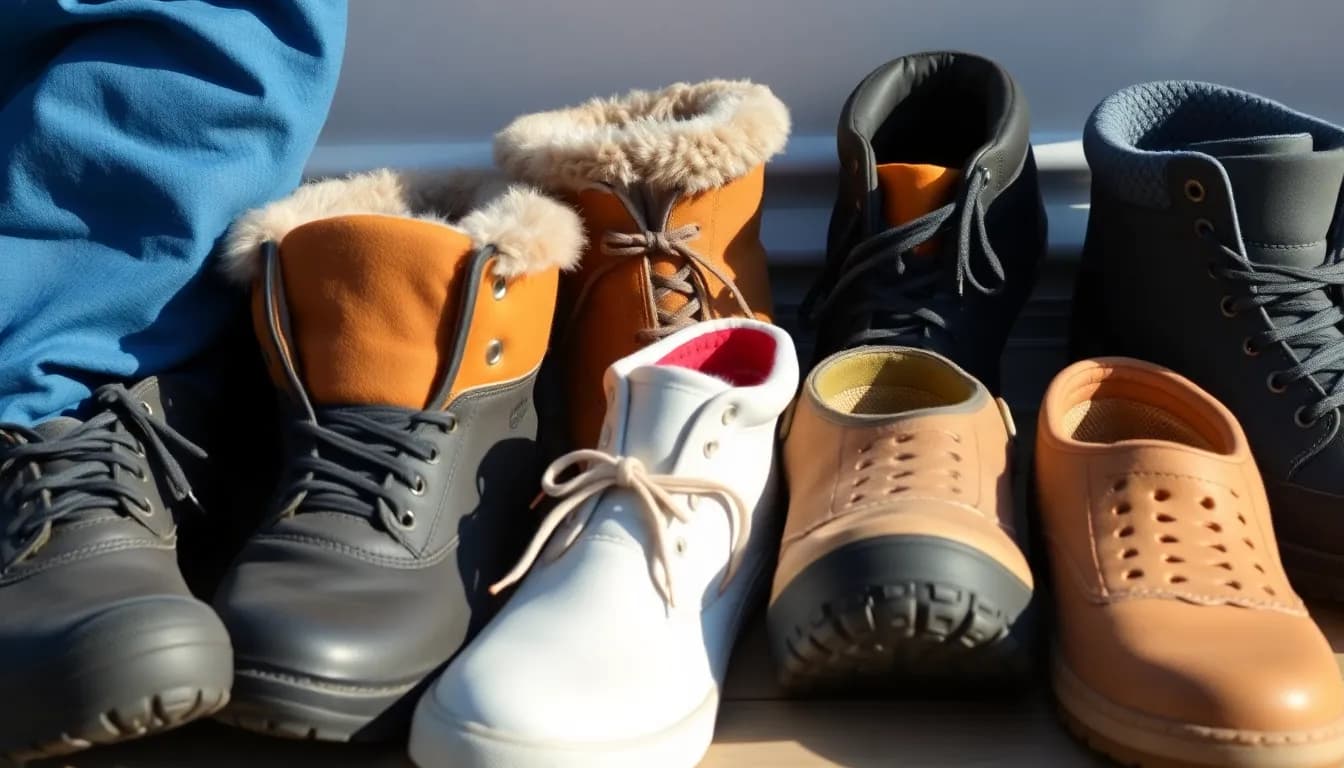 Verschiedene spezielle Schuhe - Winterstiefel, Hausschuhe, Badeschuhe und Sicherheitsschuhe