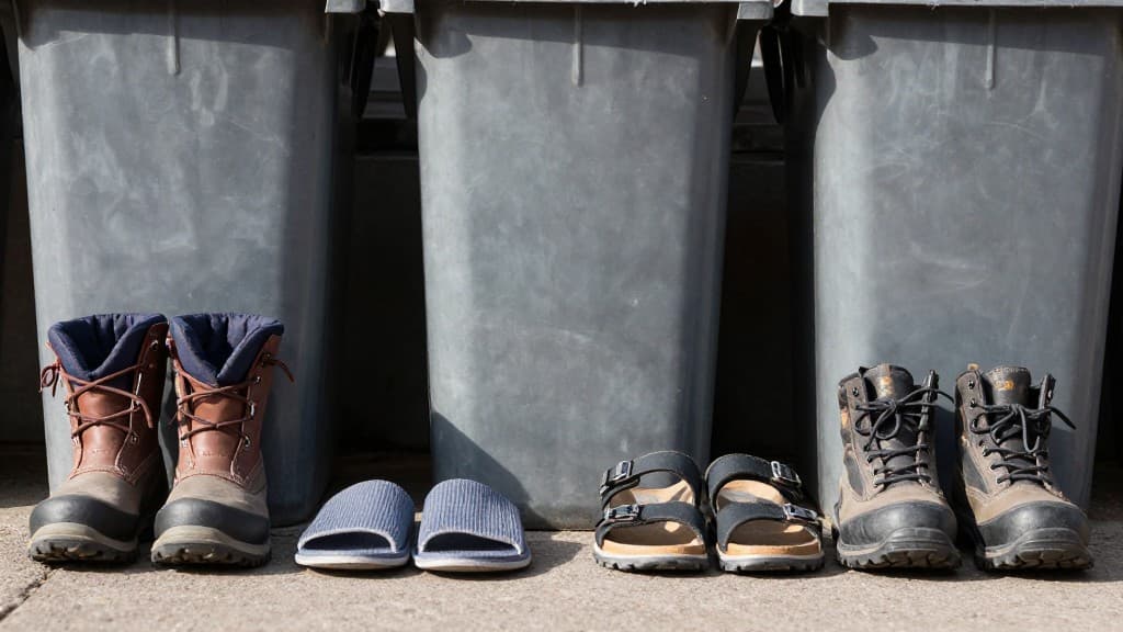 Verschiedene spezielle Schuhe - Winterstiefel, Hausschuhe, Badeschuhe und Sicherheitsschuhe