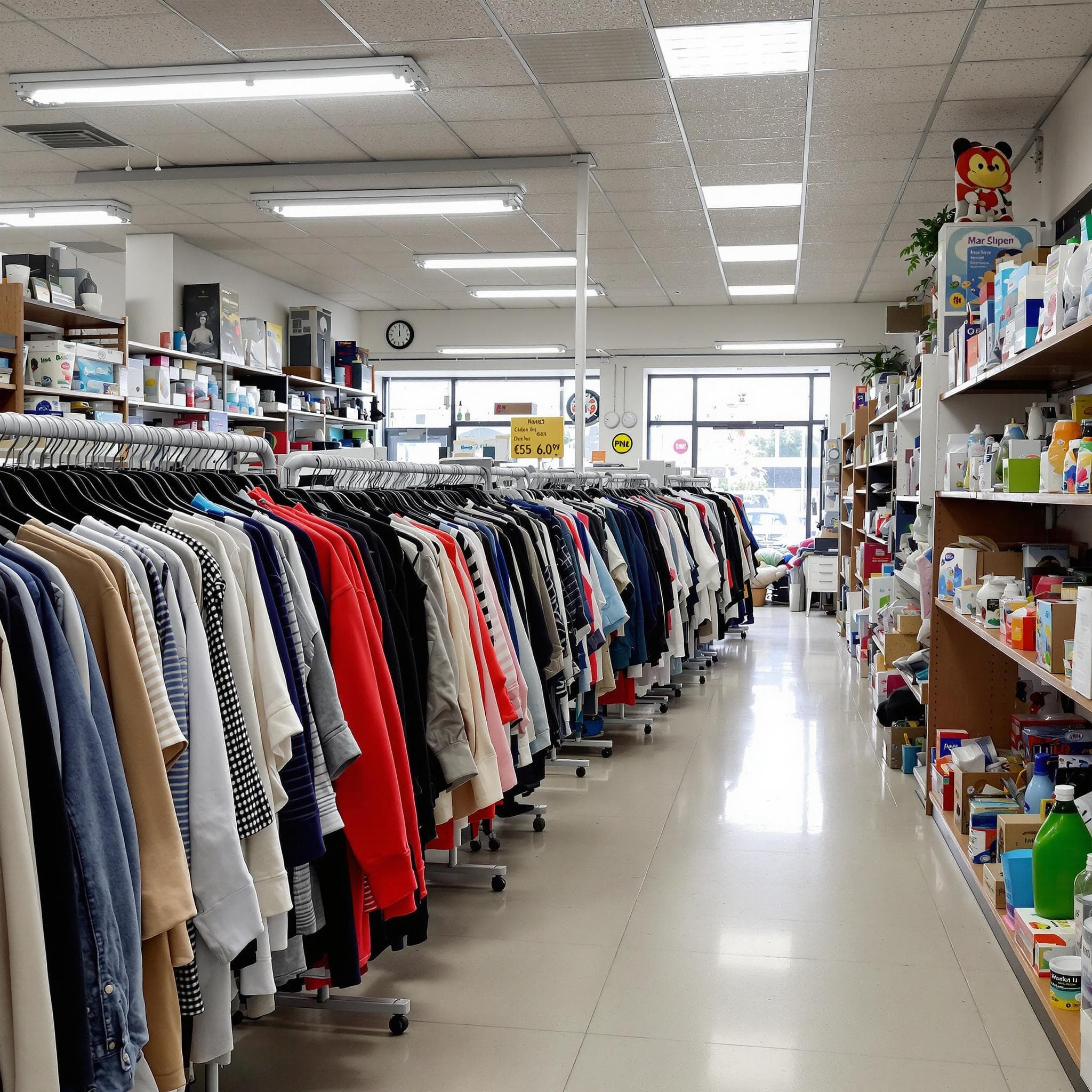 Helle Innenansicht eines deutschen Second-Hand-Ladens mit Kleidung und Waren.