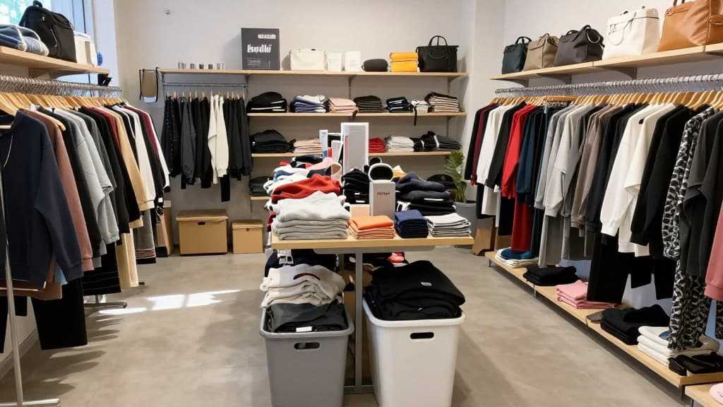 Helle Innenansicht eines deutschen Second-Hand-Ladens mit Kleidung und Waren.