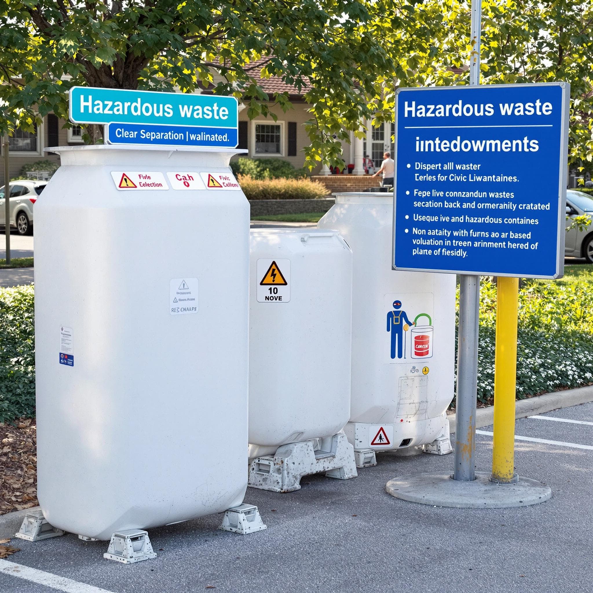 Annahmestelle für Sondermüll an einem deutschen Wertstoffhof mit Behältern für Batterien, Farben und Elektroaltgeräte