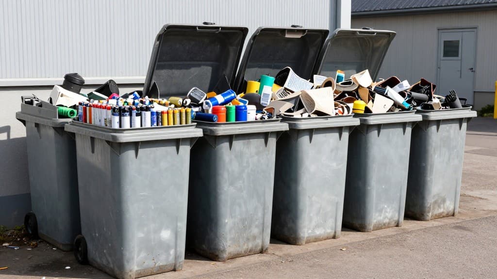 Annahmestelle für Sondermüll an einem deutschen Wertstoffhof mit Behältern für Batterien, Farben und Elektroaltgeräte