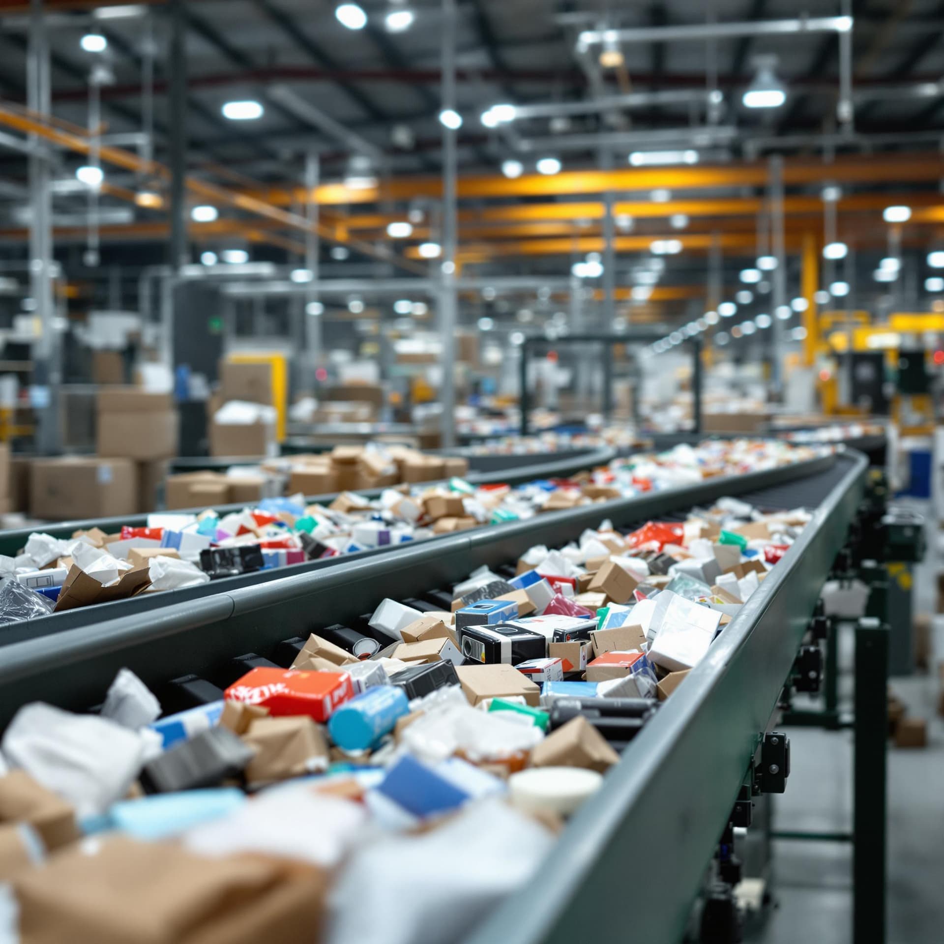 Innenansicht einer modernen Sortieranlage für Leichtverpackungen mit Förderbändern und Sortieraggregaten.