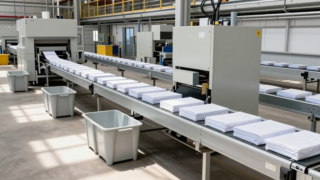 Innenansicht einer modernen Sortieranlage für Leichtverpackungen mit Förderbändern und Sortieraggregaten.