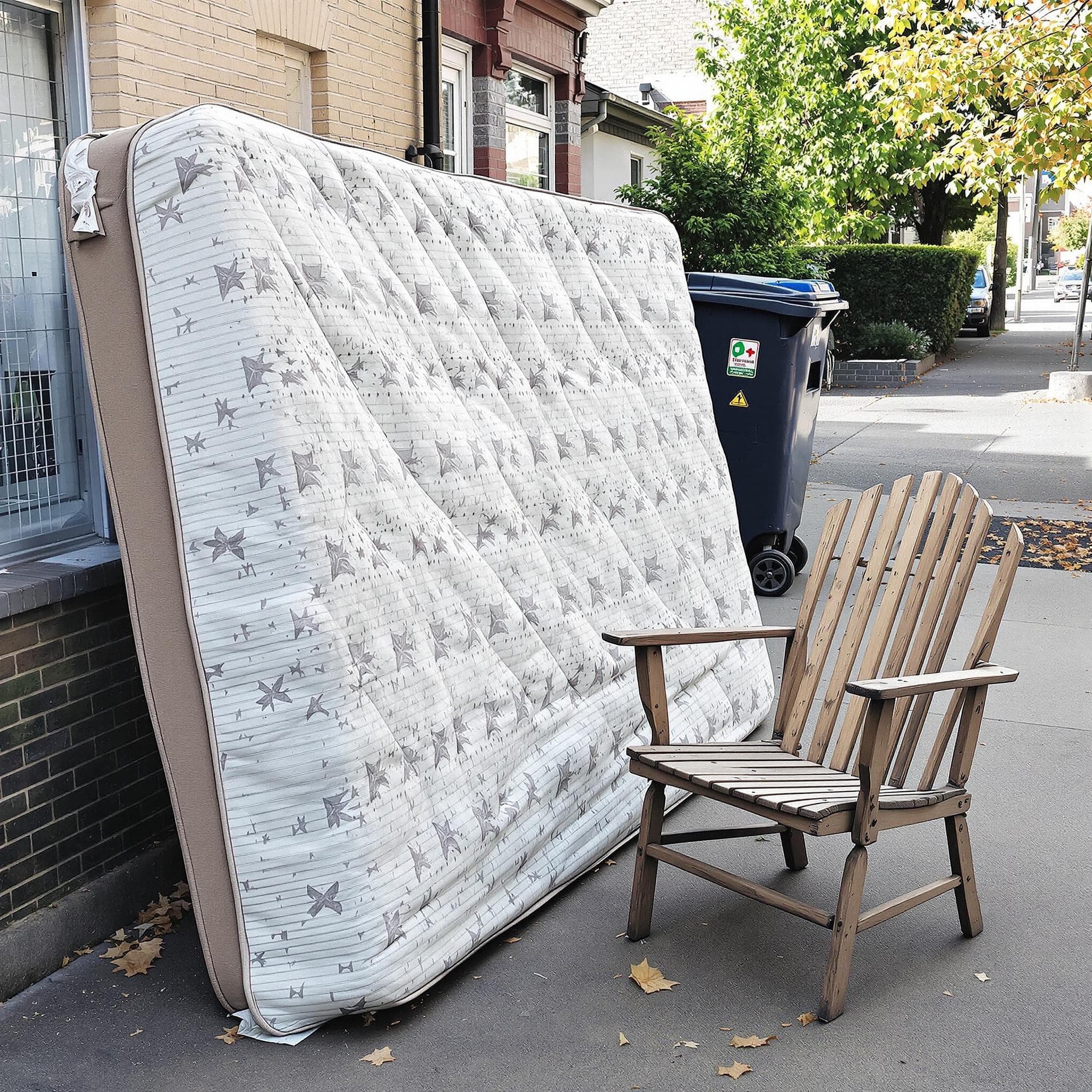 Zur Abholung bereitgestellter Sperrmüll am Straßenrand in Deutschland, bestehend aus Matratze, Sessel und Holzregal