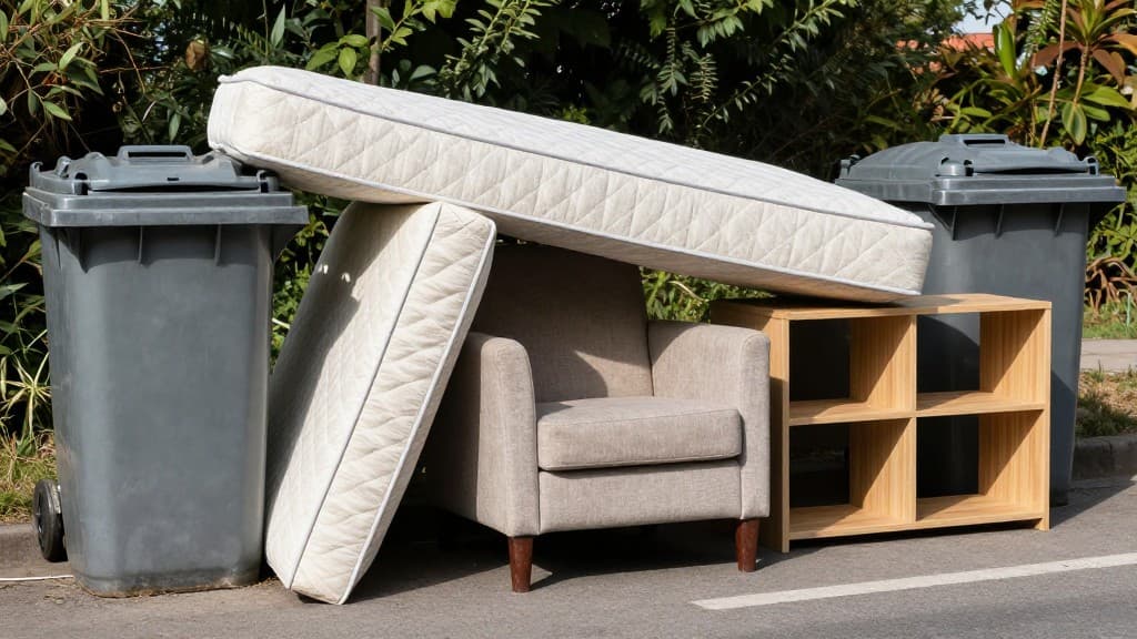 Zur Abholung bereitgestellter Sperrmüll am Straßenrand in Deutschland, bestehend aus Matratze, Sessel und Holzregal