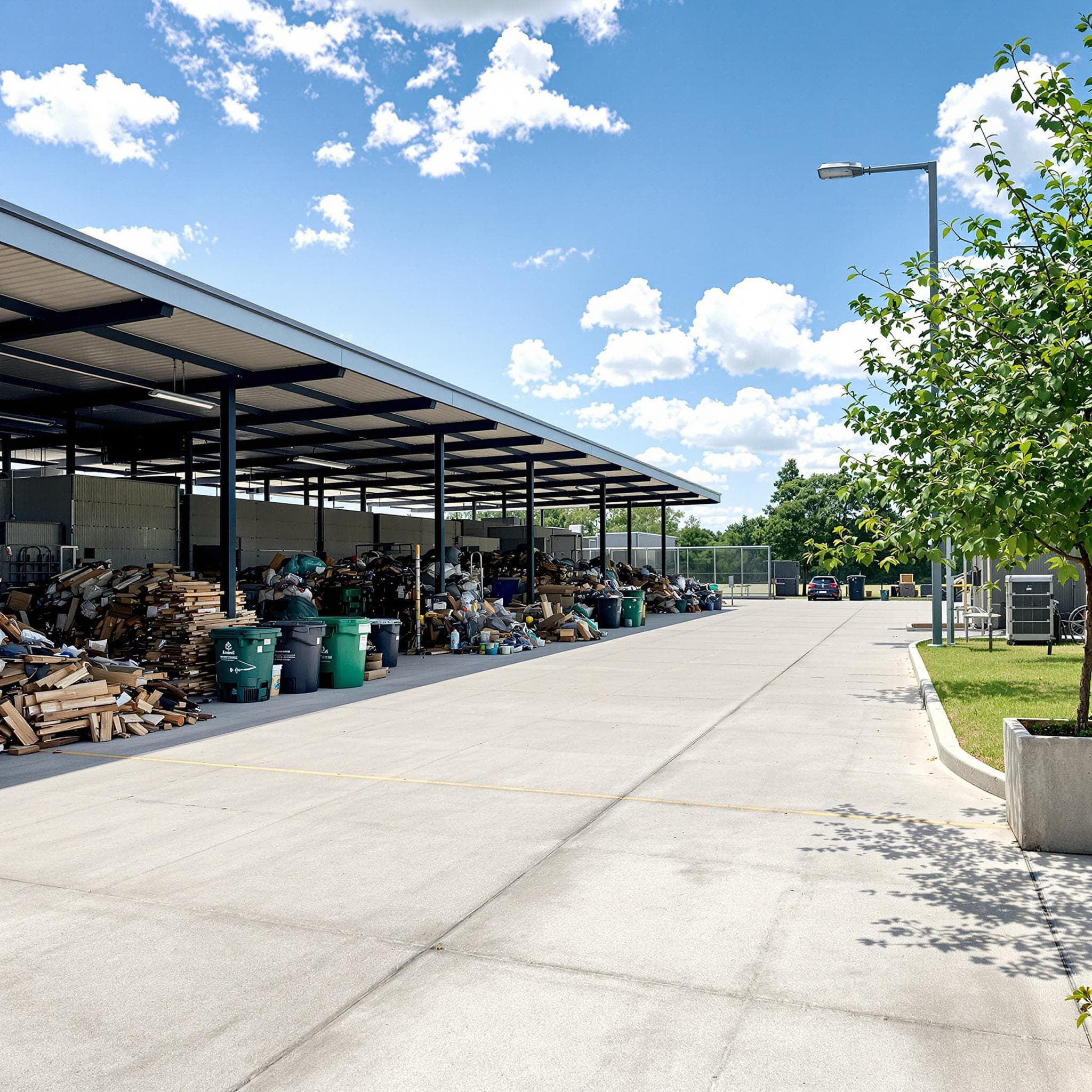 Moderner, sauberer Wertstoffhof mit gut organisierten Containern für verschiedene Abfallarten
