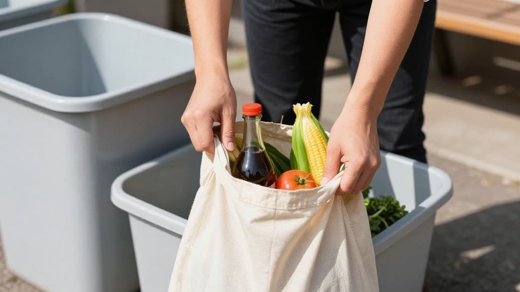 Person packt Einkäufe in eine wiederverwendbare Stofftasche