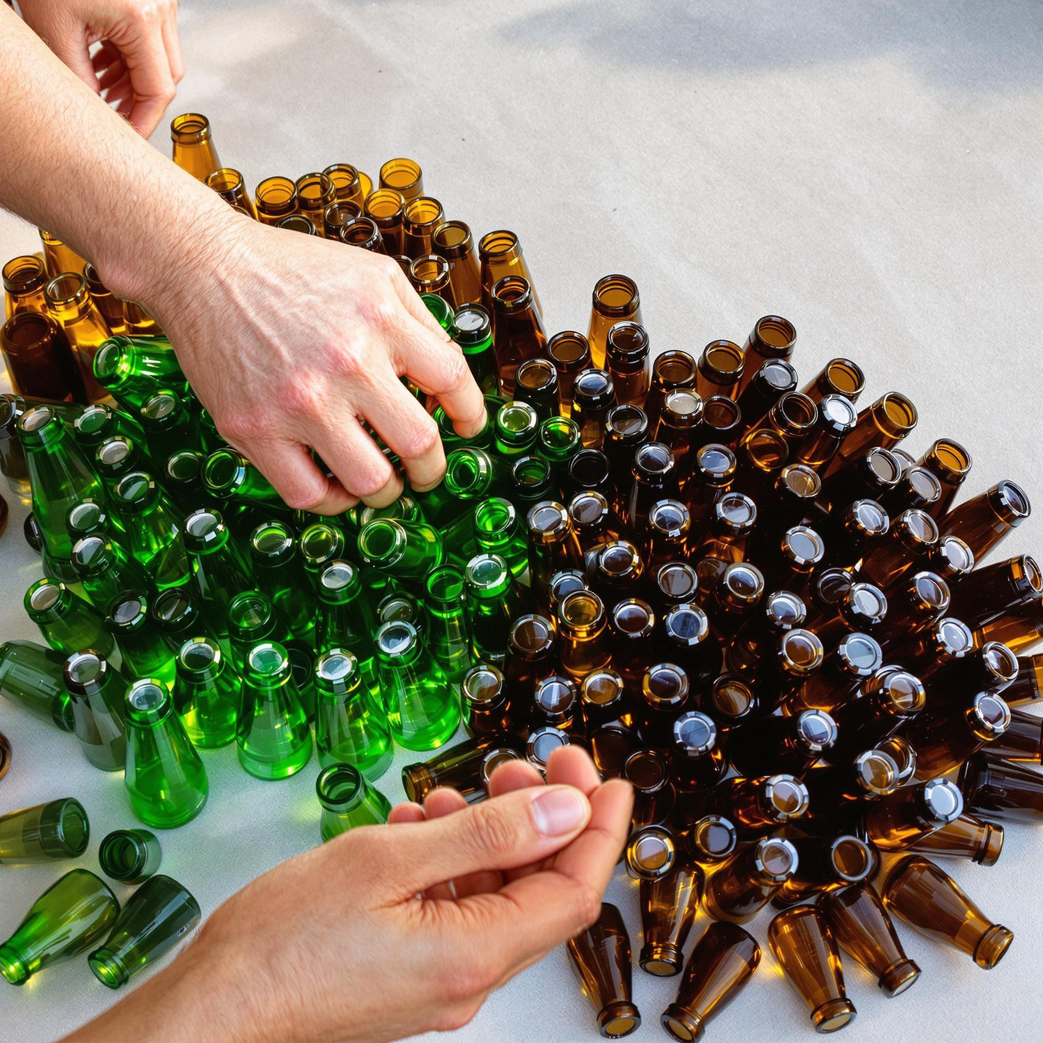 Nahaufnahme von Händen, die Glasflaschen sorgfältig nach Farben (Weiß, Braun, Grün) in separate Behälter sortieren.