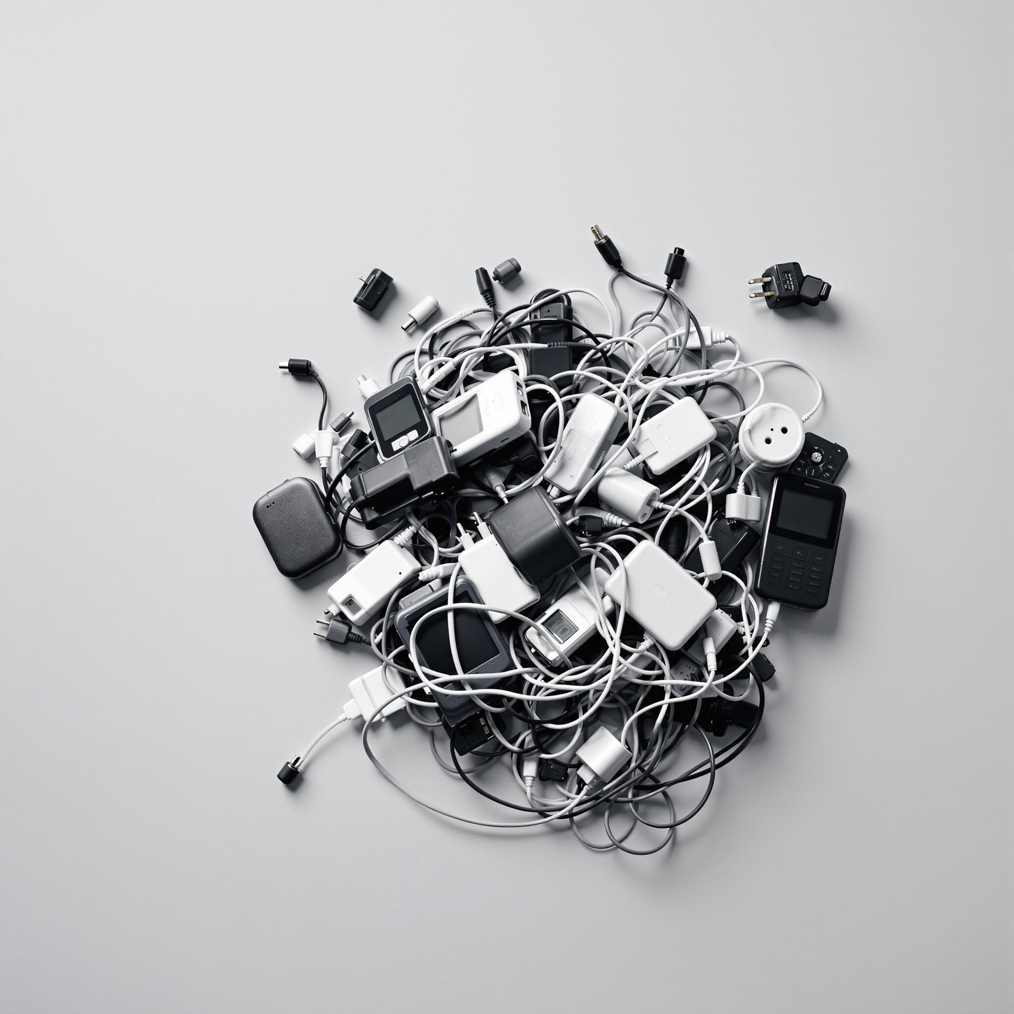 Beispiele für kleine Elektroaltgeräte und Kabel: Handy, Ladekabel, Computermaus, Kopfhörer.